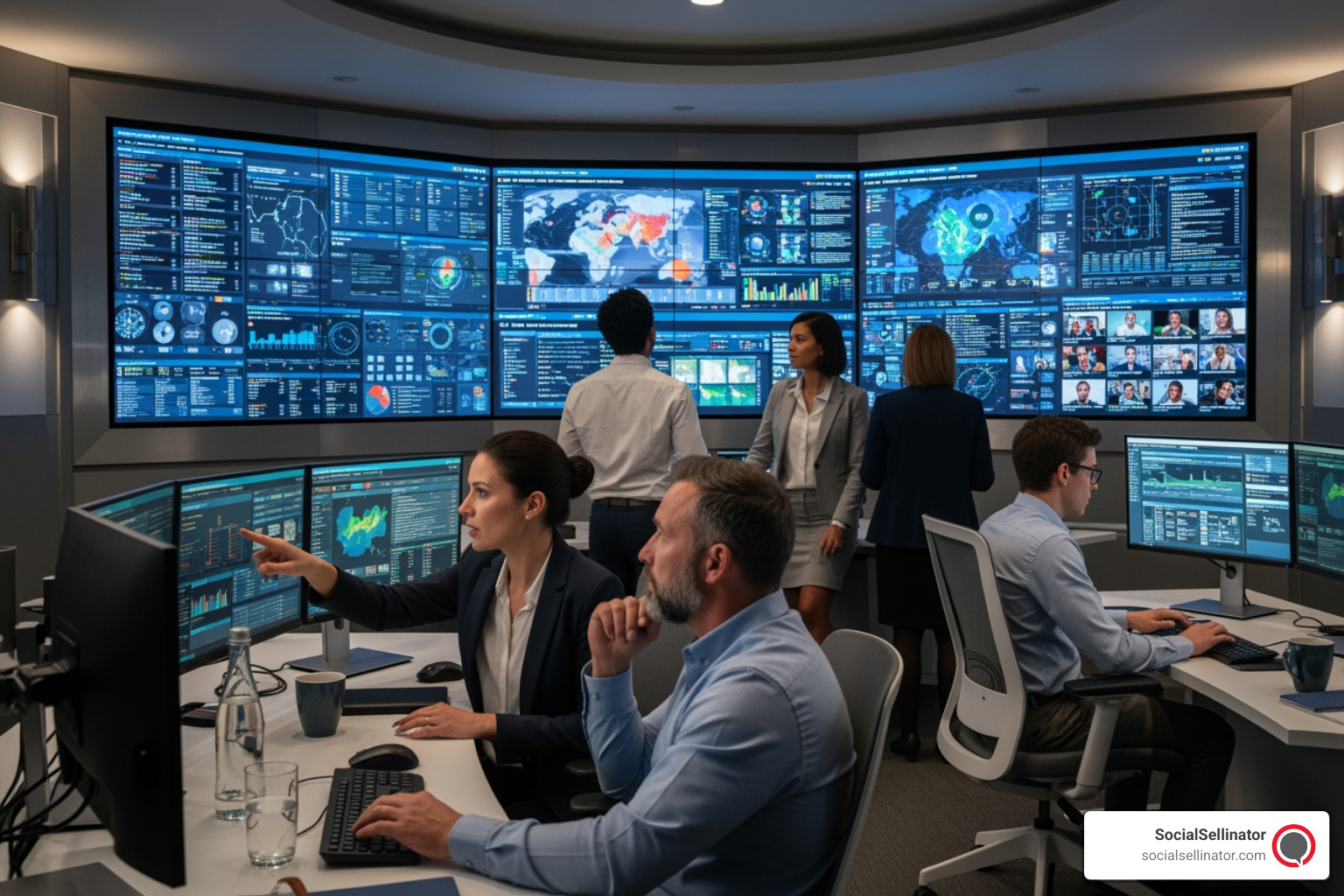 team in a "war room" setting, looking at data on screens - social media crisis