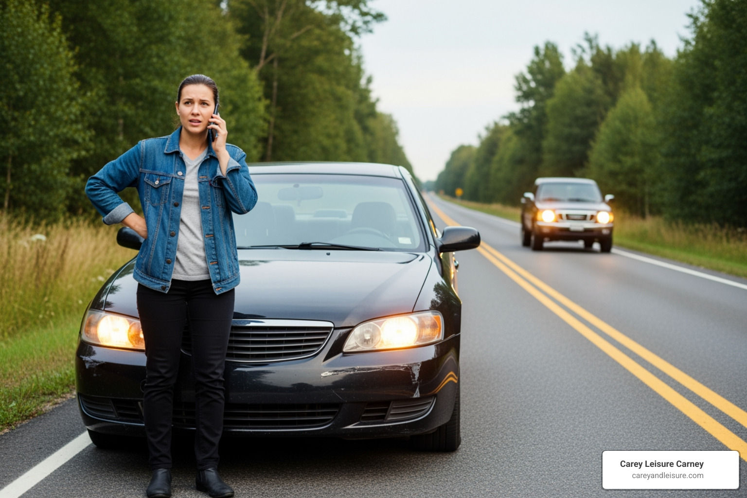 A driver on the phone by the side of the road with hazard lights on - St Petersburg auto injury