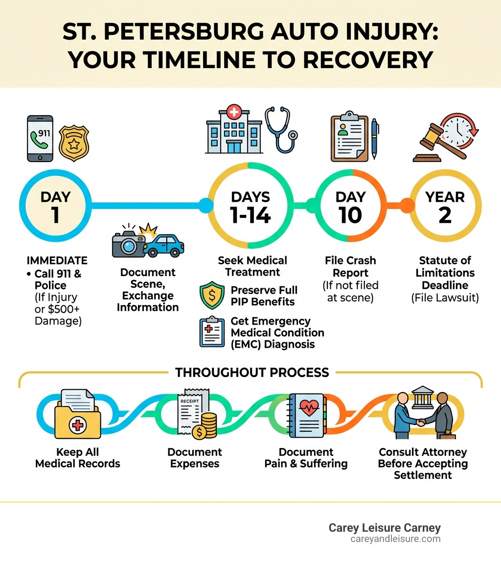 Infographic showing St. Petersburg auto injury timeline: Day 1 - Call 911 and police if injuries or $500+ damage, document scene, exchange information; Days 1-14 - Seek medical treatment to preserve full PIP benefits, get Emergency Medical Condition diagnosis if needed; Day 10 - File crash report if not filed at scene; Year 2 - Statute of limitations deadline to file lawsuit; Throughout - Keep all medical records, document expenses, document pain and suffering, consult attorney before accepting settlement - St Petersburg auto injury infographic 