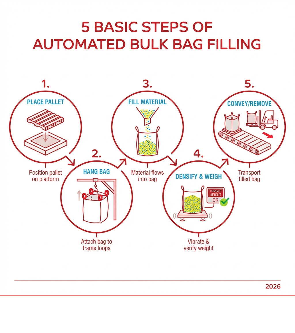 Infographic showing the 5 basic steps of automated bulk bag filling: Step 1 shows a pallet being placed on the filling station platform; Step 2 shows an operator or automatic system hanging a bulk bag on the support frame loops; Step 3 shows material flowing from the fillhead into the suspended bag; Step 4 shows the bag being densified on a vibrating table while the scale verifies target weight; Step 5 shows the filled bag being conveyed away or removed by forklift - bulk bag filling infographic Infographic showing the 5 basic steps of automated bulk bag filling: Step 1 shows a pallet being placed on the filling station platform; Step 2 shows an operator or automatic system hanging a bulk bag on the support frame loops; Step 3 shows material flowing from the fillhead into the suspended bag; Step 4 shows the bag being densified on a vibrating table while the scale verifies target weight; Step 5 shows the filled bag being conveyed away or removed by forklift - bulk bag filling infographic