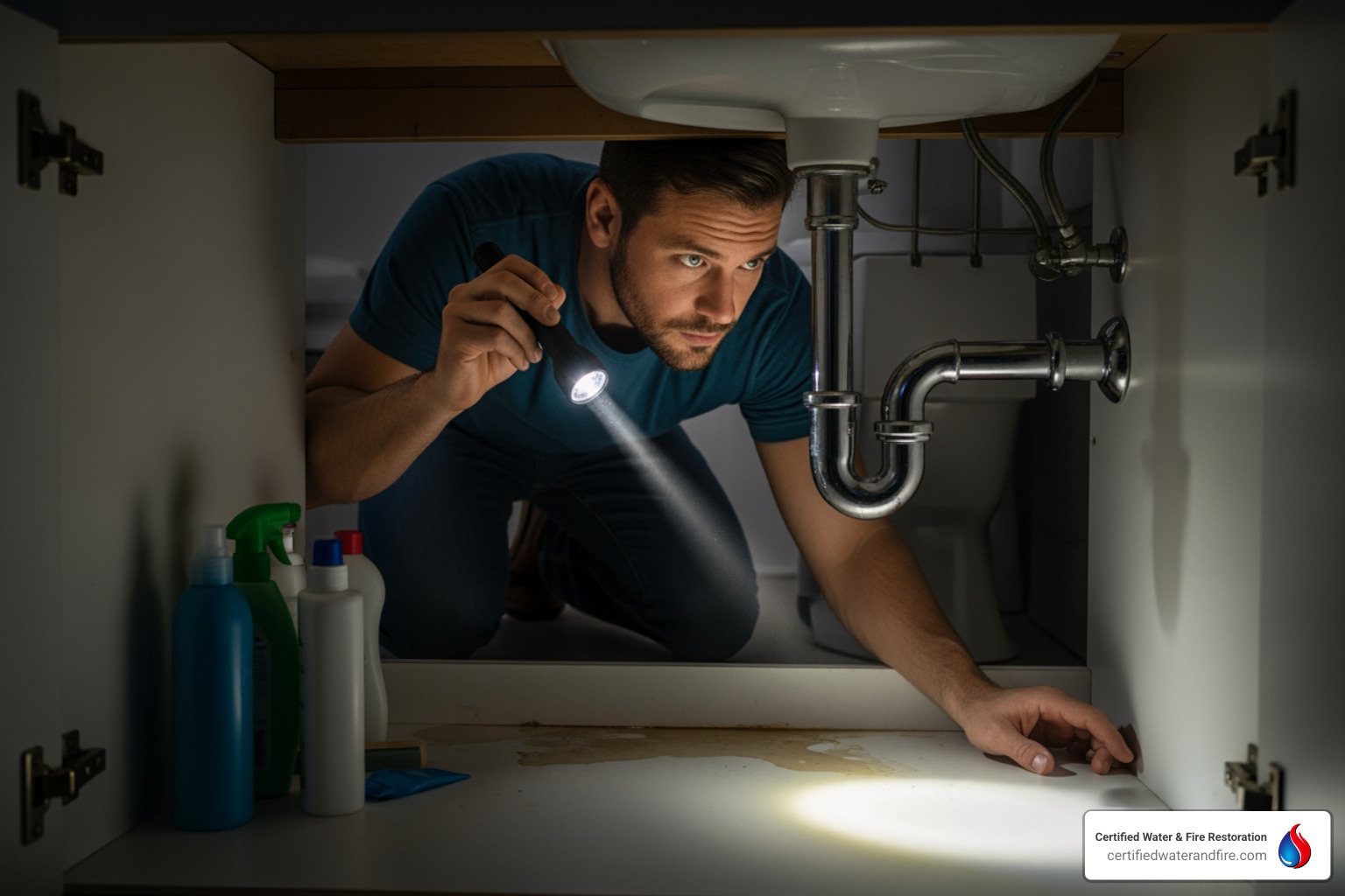 homeowner inspecting under a bathroom sink with a flashlight - bathroom ceiling leaking