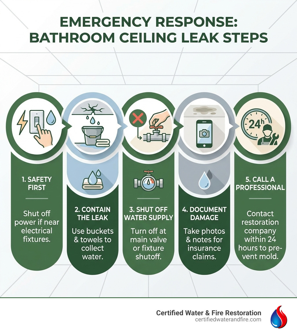 Infographic showing emergency response steps for bathroom ceiling leaks: 1. Safety first - shut off power if water is near electrical fixtures, 2. Contain the leak with buckets and towels, 3. Shut off water supply at main valve or fixture shutoff, 4. Document damage with photos for insurance, 5. Call a professional restoration company within 24 hours to prevent mold growth - bathroom ceiling leaking infographic 
