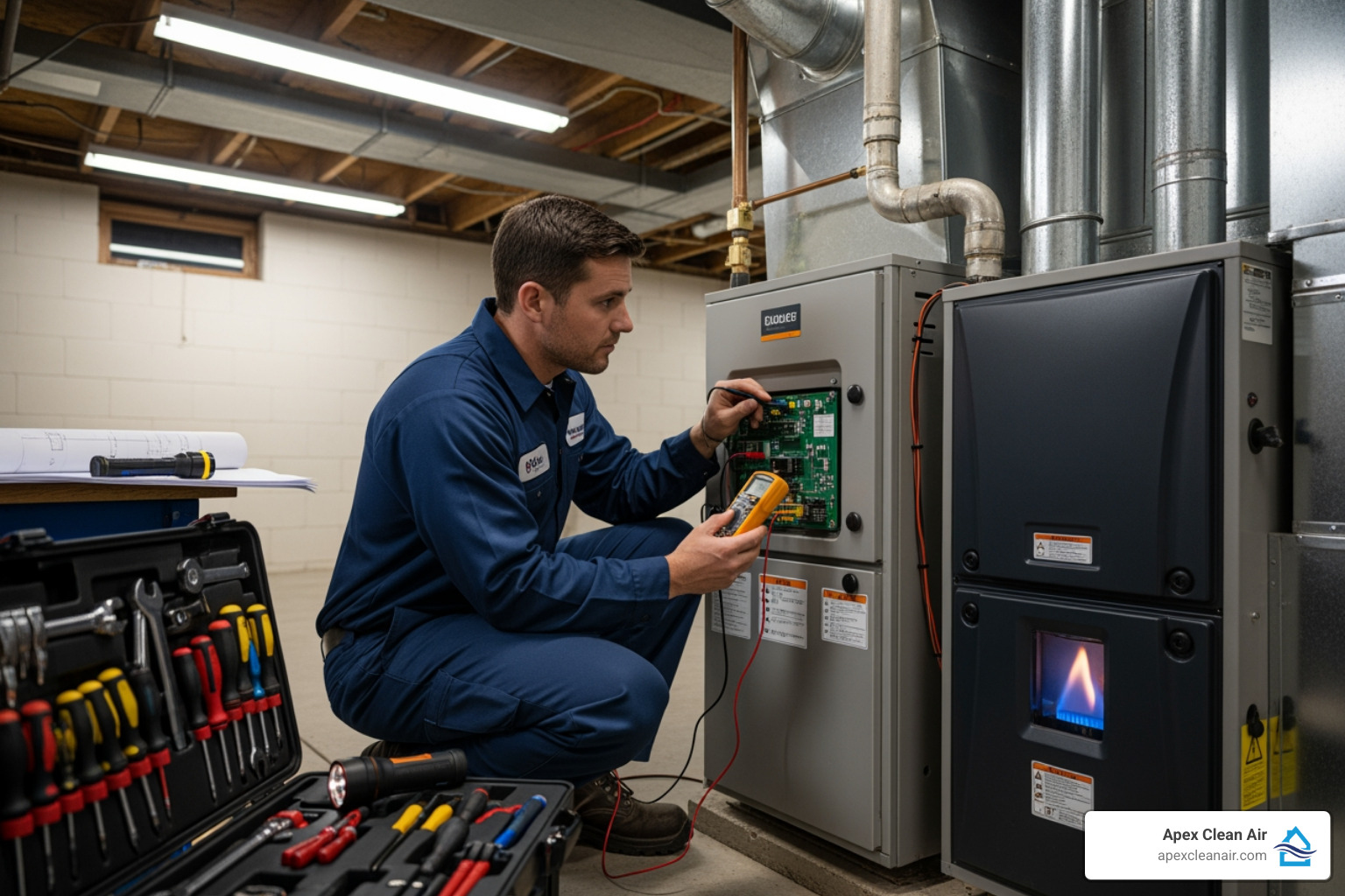 A Technician Carefully Inspecting A Modern Furnace Unit - Furnace Maintenance Denver Co A technician carefully inspecting a modern furnace unit - Furnace maintenance Denver CO