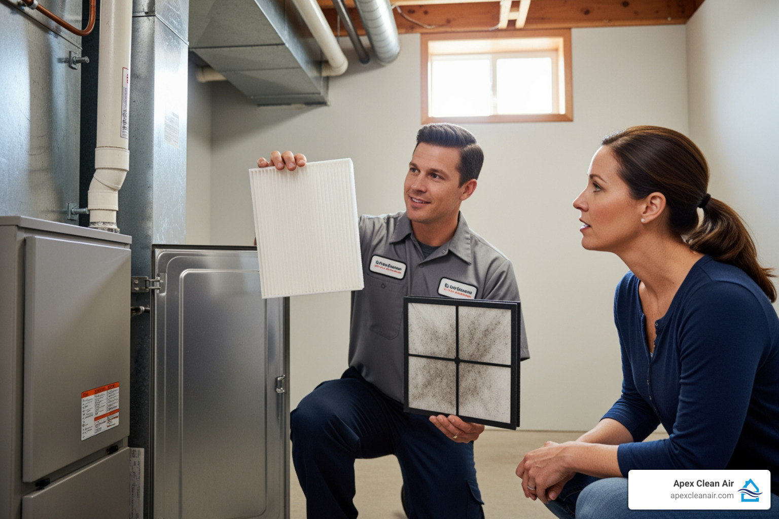 A Technician Showing A Homeowner A Clean New Filter Next To A Dirty Old One - Furnace Maintenance Denver Co A technician showing a homeowner a clean new filter next to a dirty old one - Furnace maintenance Denver CO