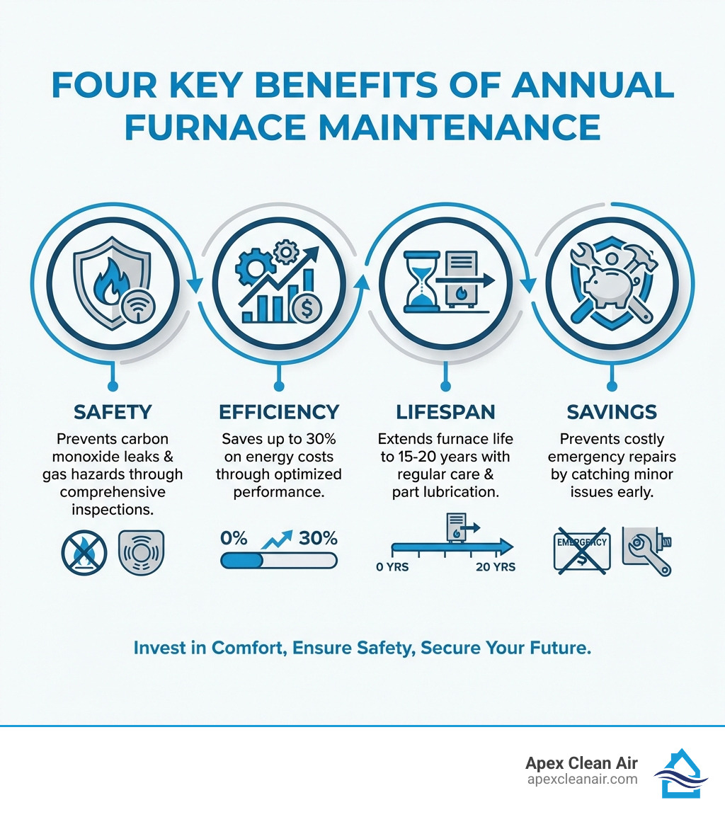 Infographic Showing Four Key Benefits Of Annual Furnace Maintenance: 1) Safety - Prevents Carbon Monoxide Leaks And Gas Hazards Through Comprehensive Inspections, 2) Efficiency - Saves On Energy Costs Through Optimized Performance, 3) Lifespan - Extends Furnace Life With Regular Care And Part Lubrication, 4) Savings - Prevents Costly Emergency Repairs By Catching Minor Issues Early - Furnace Maintenance Denver Co Infographic Infographic showing four key benefits of annual furnace maintenance: 1) Safety - prevents carbon monoxide leaks and gas hazards through comprehensive inspections, 2) Efficiency - saves on energy costs through optimized performance, 3) Lifespan - extends furnace life with regular care and part lubrication, 4) Savings - prevents costly emergency repairs by catching minor issues early - Furnace maintenance Denver CO infographic