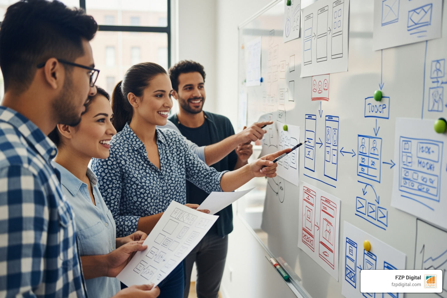 A design team collaborating around a whiteboard covered in wireframe sketches, showcasing creative brainstorming - web site designers A design team collaborating around a whiteboard covered in wireframe sketches, showcasing creative brainstorming - web site designers