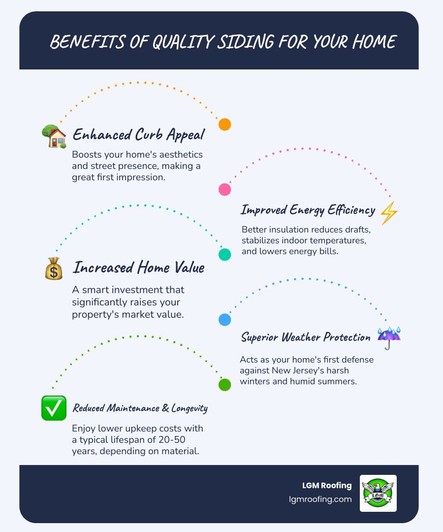 infographic showing benefits of quality siding: enhanced curb appeal, improved energy efficiency through better insulation, increased home value, protection from weather damage, reduced maintenance costs, and typical lifespan of 30-50 years for fiber cement and 20-30 years for vinyl - economical siding contractors in montclair, nj infographic infographic-line-5-steps-blues-accent_colors