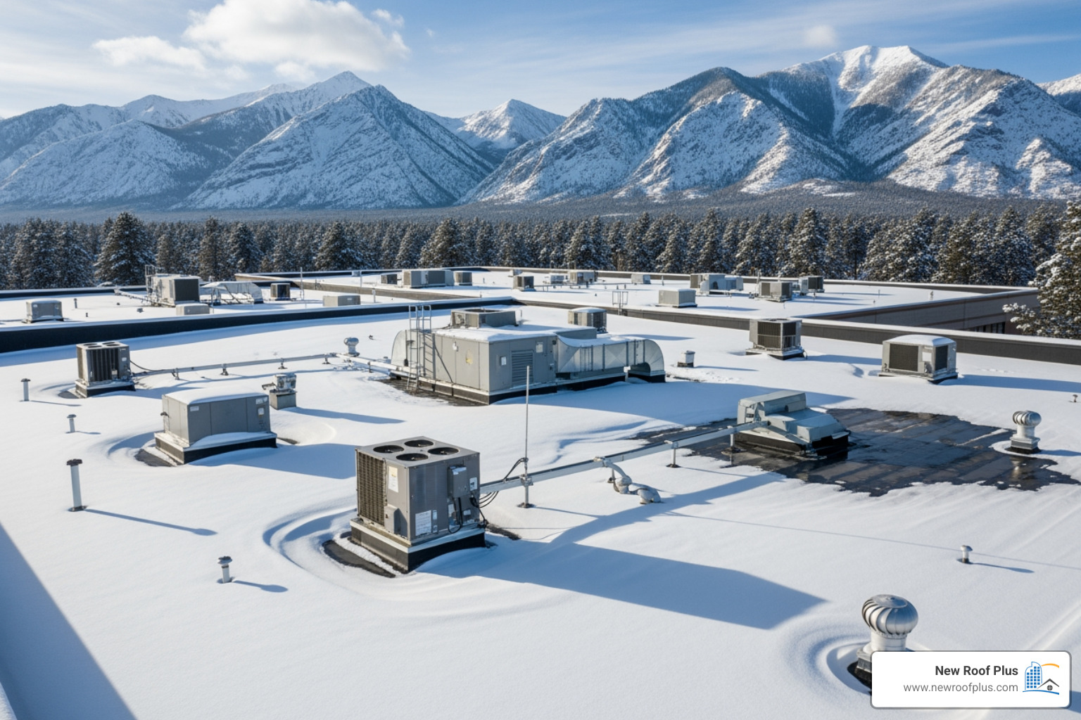 Snow-covered commercial roof in Colorado - Broomfield commercial roofing Snow-covered commercial roof in Colorado - Broomfield commercial roofing