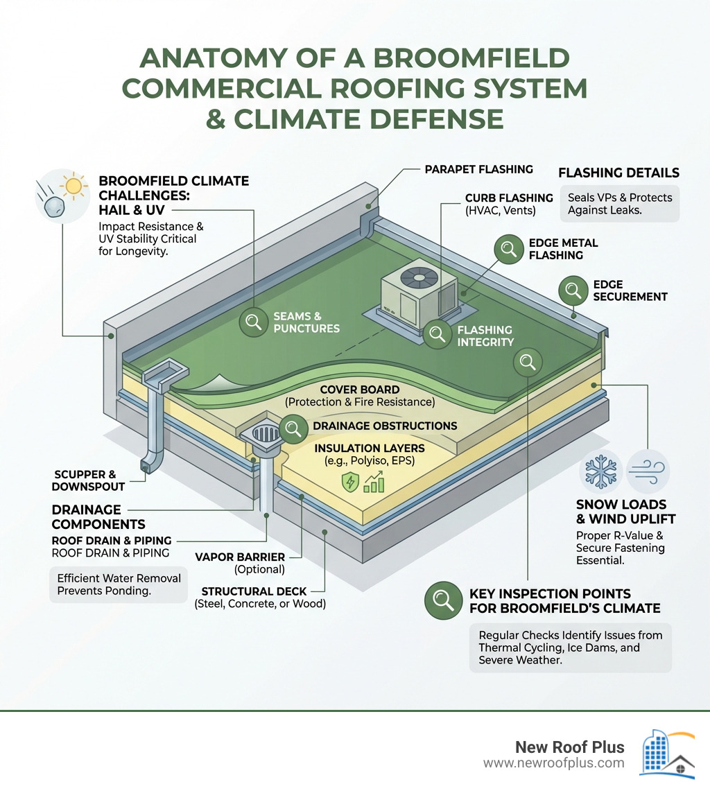 Infographic showing the anatomy of a commercial roofing system including membrane layers, insulation, drainage components, flashing details, and key inspection points for Broomfield's climate challenges - Broomfield commercial roofing infographic Infographic showing the anatomy of a commercial roofing system including membrane layers, insulation, drainage components, flashing details, and key inspection points for Broomfield's climate challenges - Broomfield commercial roofing infographic