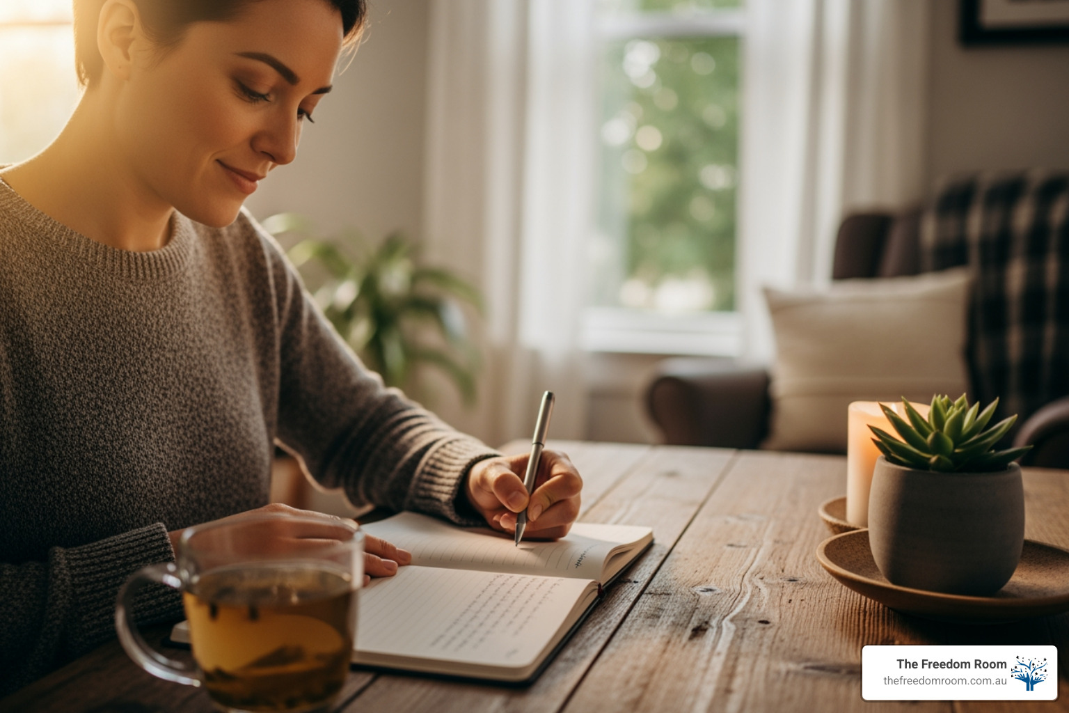 A person journaling with a cup of tea, looking peaceful and reflective - get help for drinking