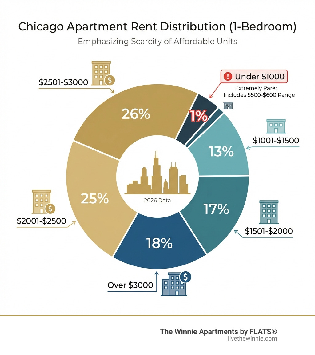 infographic showing Chicago apartment rent distribution: 1% under $1000, 13% between $1001-$1500, 17% between $1501-$2000, 25% between $2001-$2500, 26% between $2501-$3000, and 18% over $3000 - 1 bedroom apartments in chicago for $500 $600 infographic 