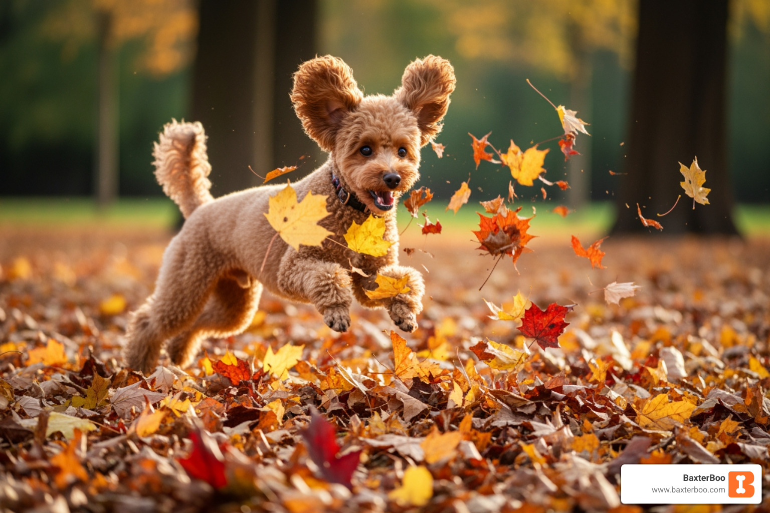 Miniature Poodle playing in autumn leaves - Miniature Poodle sweater