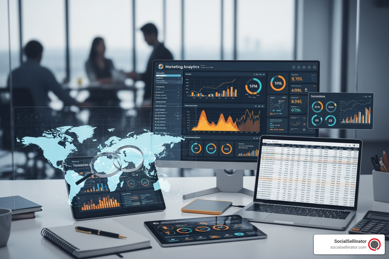 A comprehensive marketing analytics dashboard displaying key performance indicators for SEO, PPC, and social media. - Marketing analytics and insights