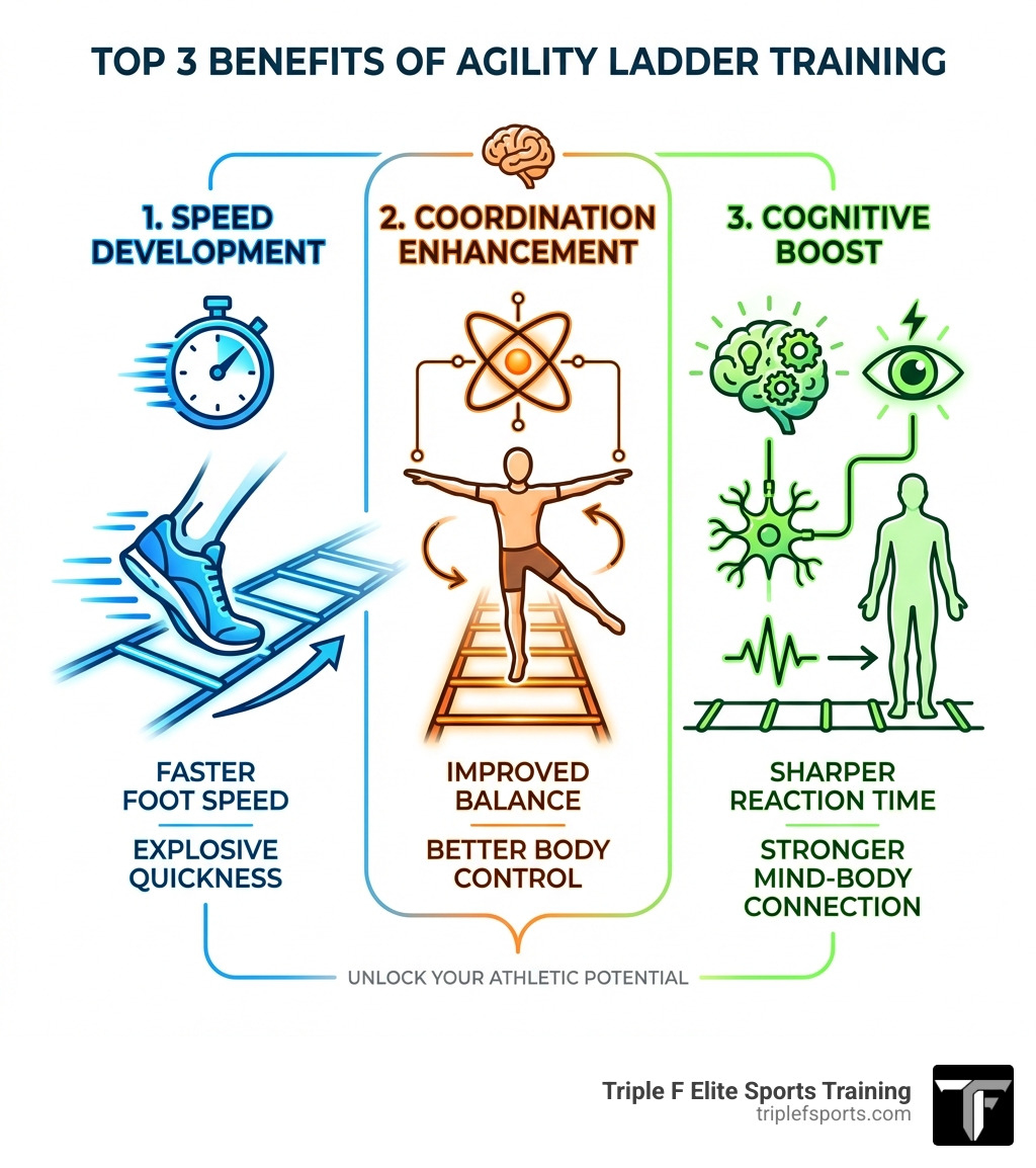 Infographic showing the top 3 benefits of agility ladder training: Speed Development through faster foot speed and quickness, Coordination Enhancement through improved balance and body control, and Cognitive Boost through better reaction time and mind-body connection - agility ladder drills infographic Infographic showing the top 3 benefits of agility ladder training: Speed Development through faster foot speed and quickness, Coordination Enhancement through improved balance and body control, and Cognitive Boost through better reaction time and mind-body connection - agility ladder drills infographic