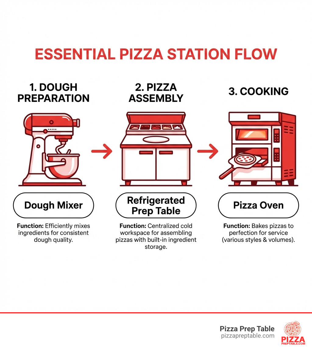 infographic showing essential pizza station equipment components from dough mixer to refrigerated prep table to pizza oven with labels for each piece and their primary functions - pizza station equipment infographic 