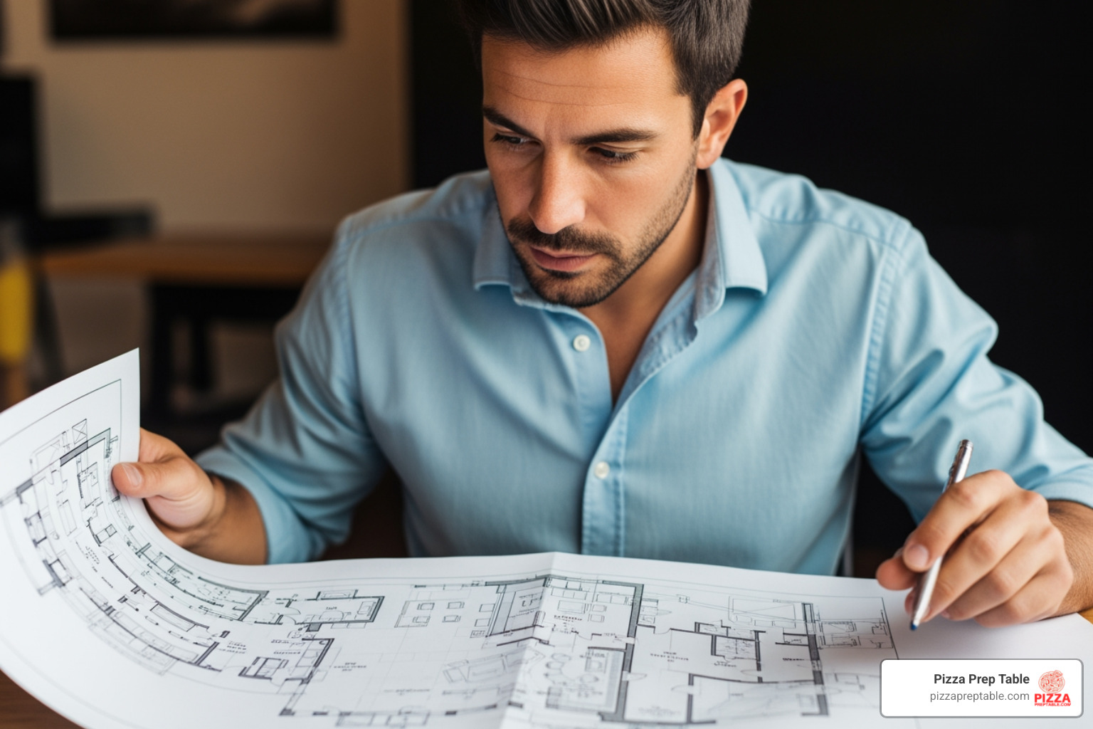 pizzeria owner looking at floor plan - pizza station equipment