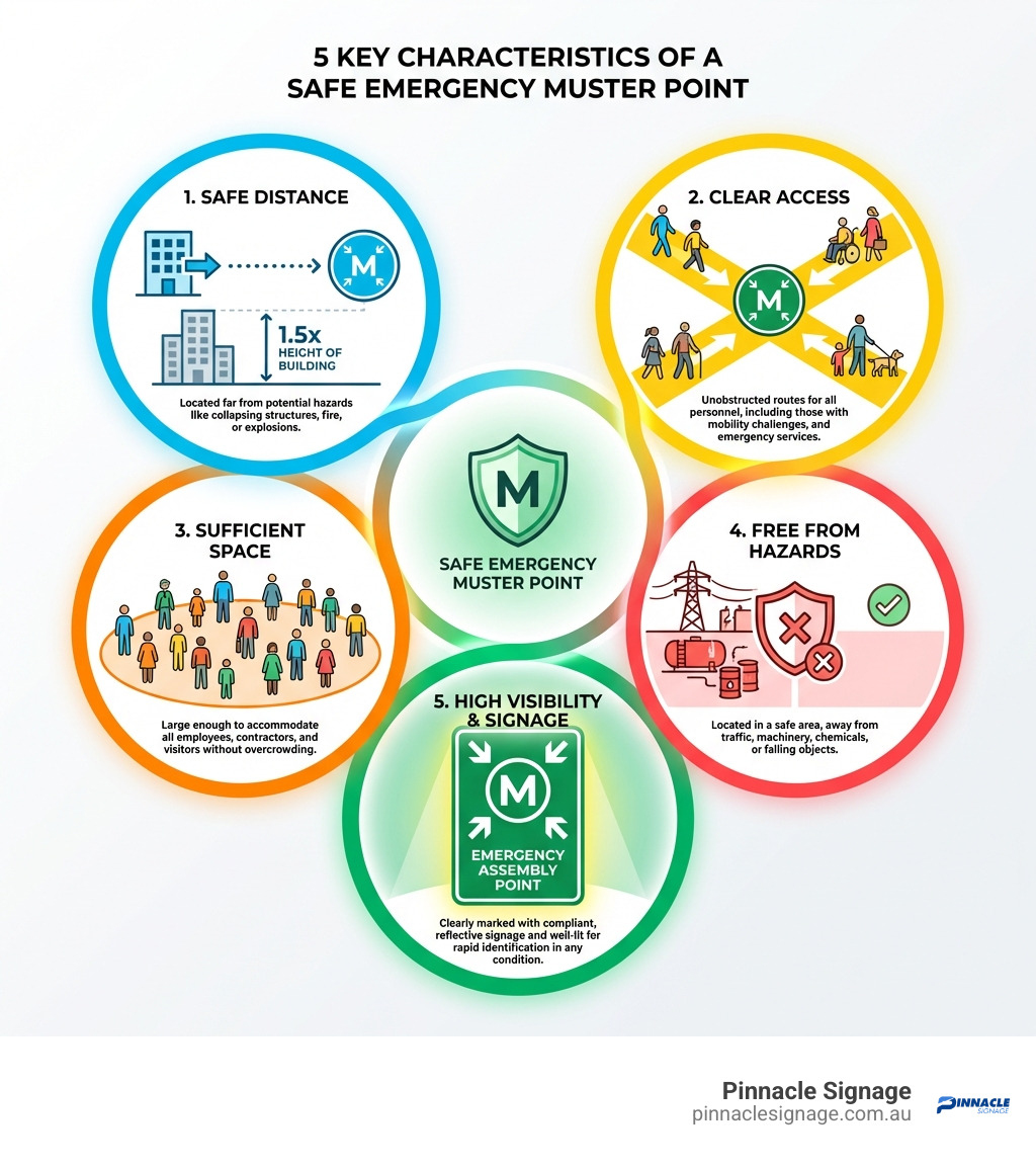 An infographic detailing 5 key characteristics of a safe emergency muster point, including safe distance, clear access, and high visibility.