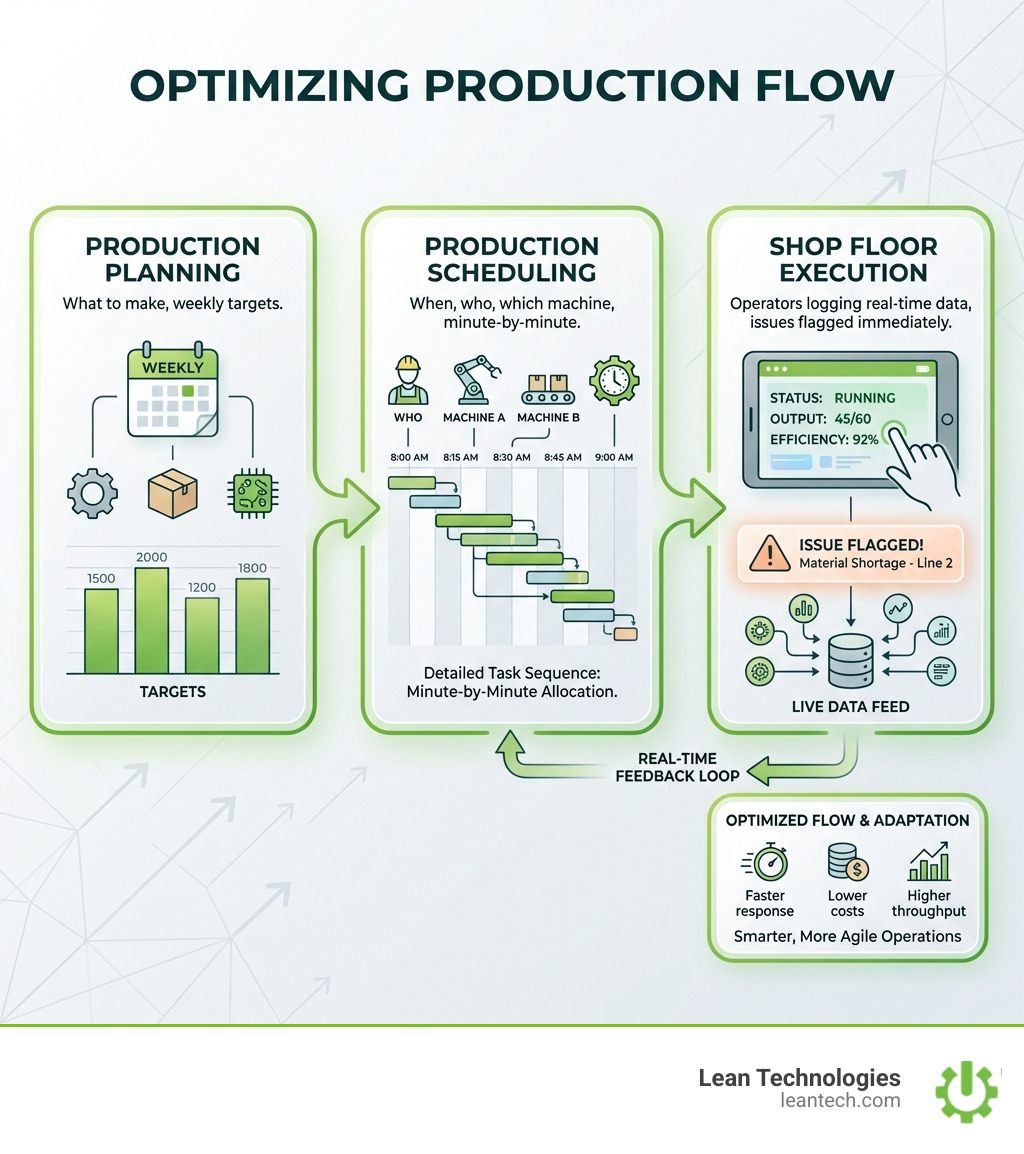 Infographic showing the flow from Production Planning (what to make, weekly targets) to Production Scheduling (when, who, which machine, minute-by-minute) to Shop Floor Execution (operators logging real-time data, issues flagged immediately) - Production scheduling optimization infographic Infographic showing the flow from Production Planning (what to make, weekly targets) to Production Scheduling (when, who, which machine, minute-by-minute) to Shop Floor Execution (operators logging real-time data, issues flagged immediately) - Production scheduling optimization infographic