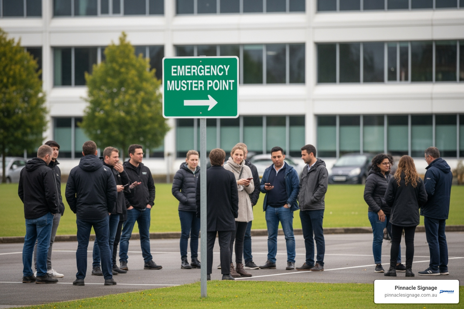 A large, open car park designated as a muster point with clear signage visible - Emergency muster point
