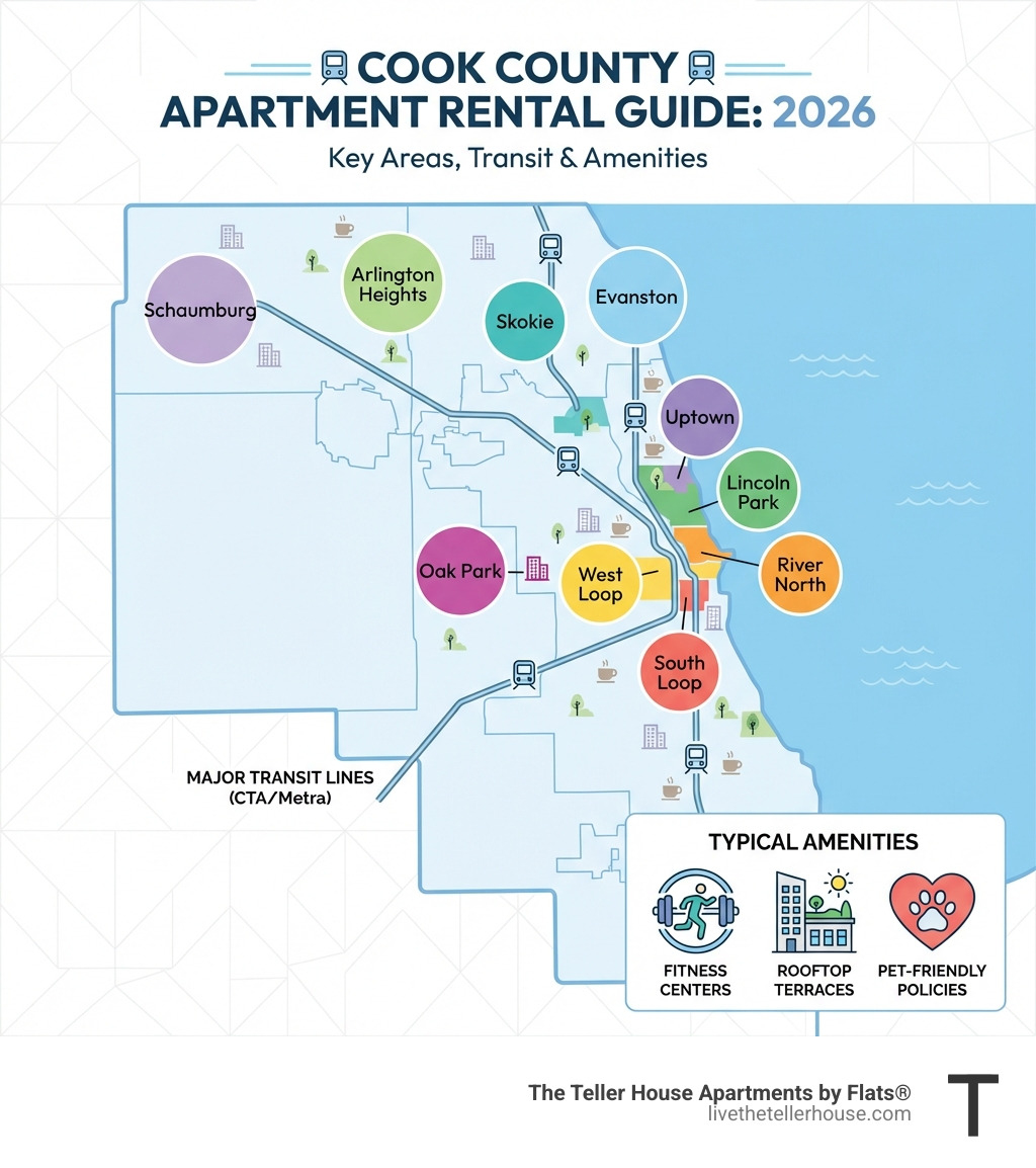 Infographic showing a map of Cook County with key rental areas highlighted including Chicago neighborhoods (West Loop, River North, South Loop, Lincoln Park, Uptown), suburban communities (Evanston, Oak Park, Skokie, Arlington Heights, Schaumburg), major transit lines, and icons representing typical amenities like fitness centers, rooftop terraces, and pet-friendly policies - cook county apartments infographic 