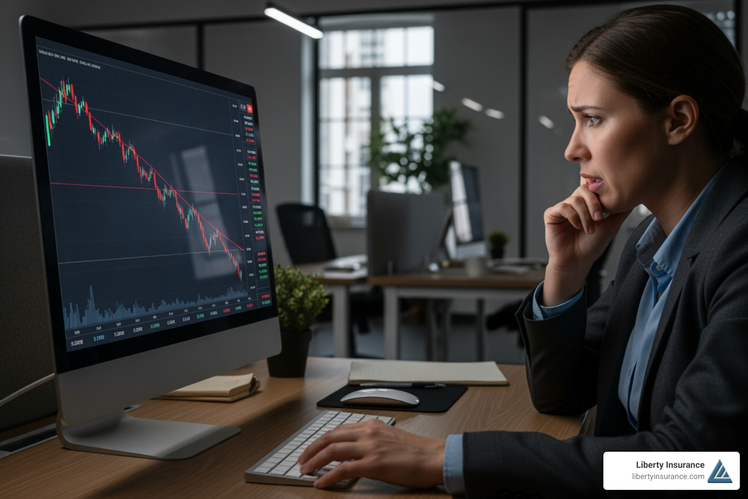 person looking worriedly at a computer screen displaying declining stock charts - fiduciary liability insurance meaning person looking worriedly at a computer screen displaying declining stock charts - fiduciary liability insurance meaning