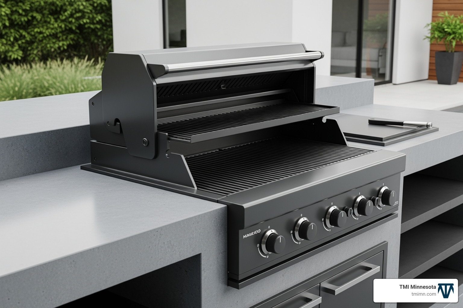matte black modern grill integrated into a concrete countertop - modern outdoor grill design