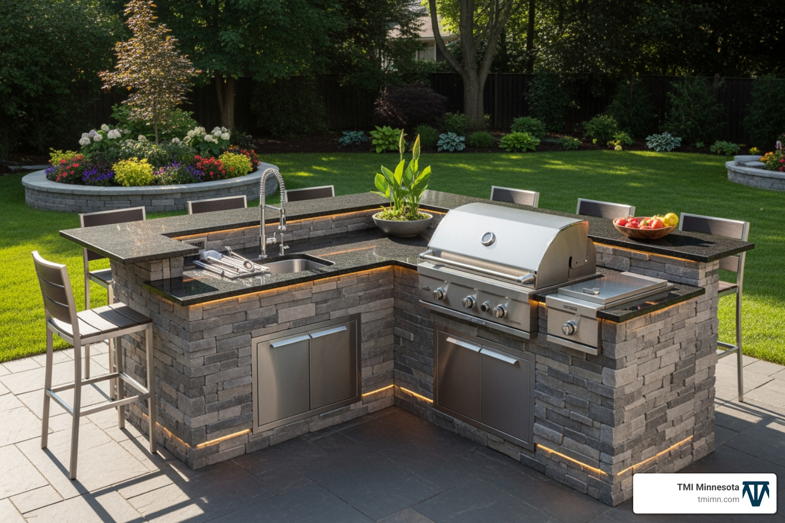 L-shaped outdoor kitchen island with a grill and bar seating - modern outdoor grill design
