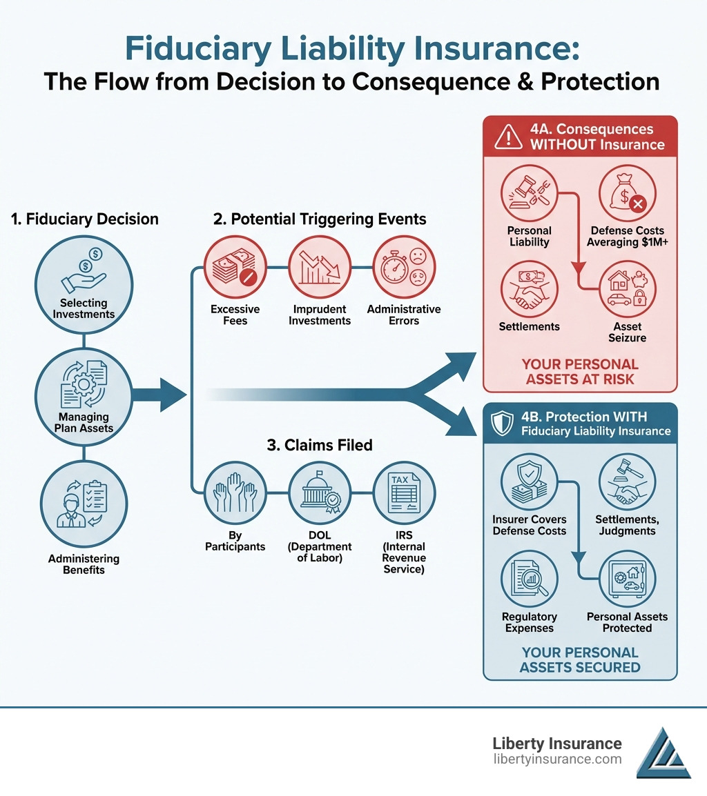 Infographic showing the flow from fiduciary decision (selecting investments, managing plan assets, administering benefits) to potential triggering events (excessive fees, imprudent investments, administrative errors) to claims filed (by participants, DOL, IRS) to financial consequences without insurance (personal liability, defense costs averaging $1M+, settlements, asset seizure) versus protection with fiduciary liability insurance (insurer covers defense costs, settlements, judgments, regulatory expenses, personal assets protected) - fiduciary liability insurance meaning infographic Infographic showing the flow from fiduciary decision (selecting investments, managing plan assets, administering benefits) to potential triggering events (excessive fees, imprudent investments, administrative errors) to claims filed (by participants, DOL, IRS) to financial consequences without insurance (personal liability, defense costs averaging $1M+, settlements, asset seizure) versus protection with fiduciary liability insurance (insurer covers defense costs, settlements, judgments, regulatory expenses, personal assets protected) - fiduciary liability insurance meaning infographic
