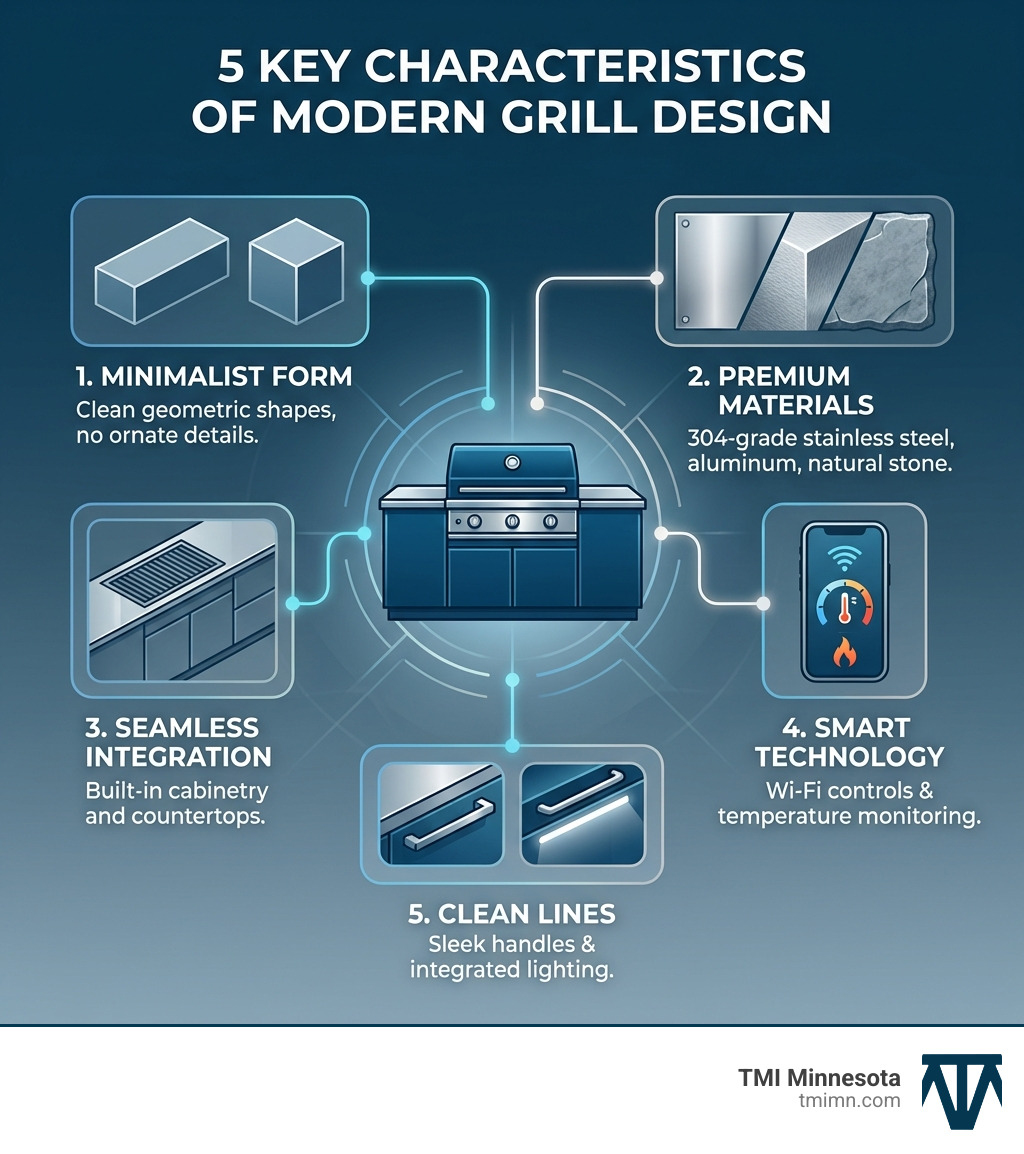 Infographic showing the 5 key characteristics of modern grill design: 1) Minimalist Form with clean geometric shapes and no ornate details, 2) Premium Materials including 304-grade stainless steel, aluminum, and natural stone, 3) Seamless Integration with built-in cabinetry and countertops, 4) Smart Technology featuring Wi-Fi controls and temperature monitoring, 5) Clean Lines with sleek handles and integrated lighting - modern outdoor grill design infographic 