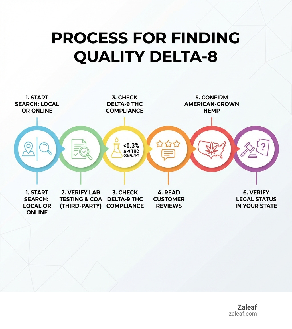 infographic explaining the process of finding quality Delta-8: start with local search or online research, verify third-party lab testing and COA, check for less than 0.3% Delta-9 THC compliance, read customer reviews, confirm American-grown hemp sourcing, and verify legal status in your state - delta 8 near me infographic infographic explaining the process of finding quality Delta-8: start with local search or online research, verify third-party lab testing and COA, check for less than 0.3% Delta-9 THC compliance, read customer reviews, confirm American-grown hemp sourcing, and verify legal status in your state - delta 8 near me infographic
