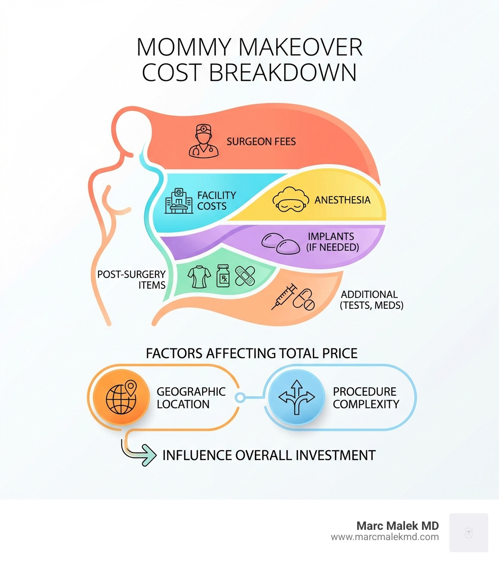 infographic showing cost breakdown of mommy makeover including surgeon fees, facility costs, anesthesia, implants if needed, post-surgery garments, prescriptions, and factors like geographic location and procedure complexity that affect total price - how much are mommy makeovers infographic infographic showing cost breakdown of mommy makeover including surgeon fees, facility costs, anesthesia, implants if needed, post-surgery garments, prescriptions, and factors like geographic location and procedure complexity that affect total price - how much are mommy makeovers infographic