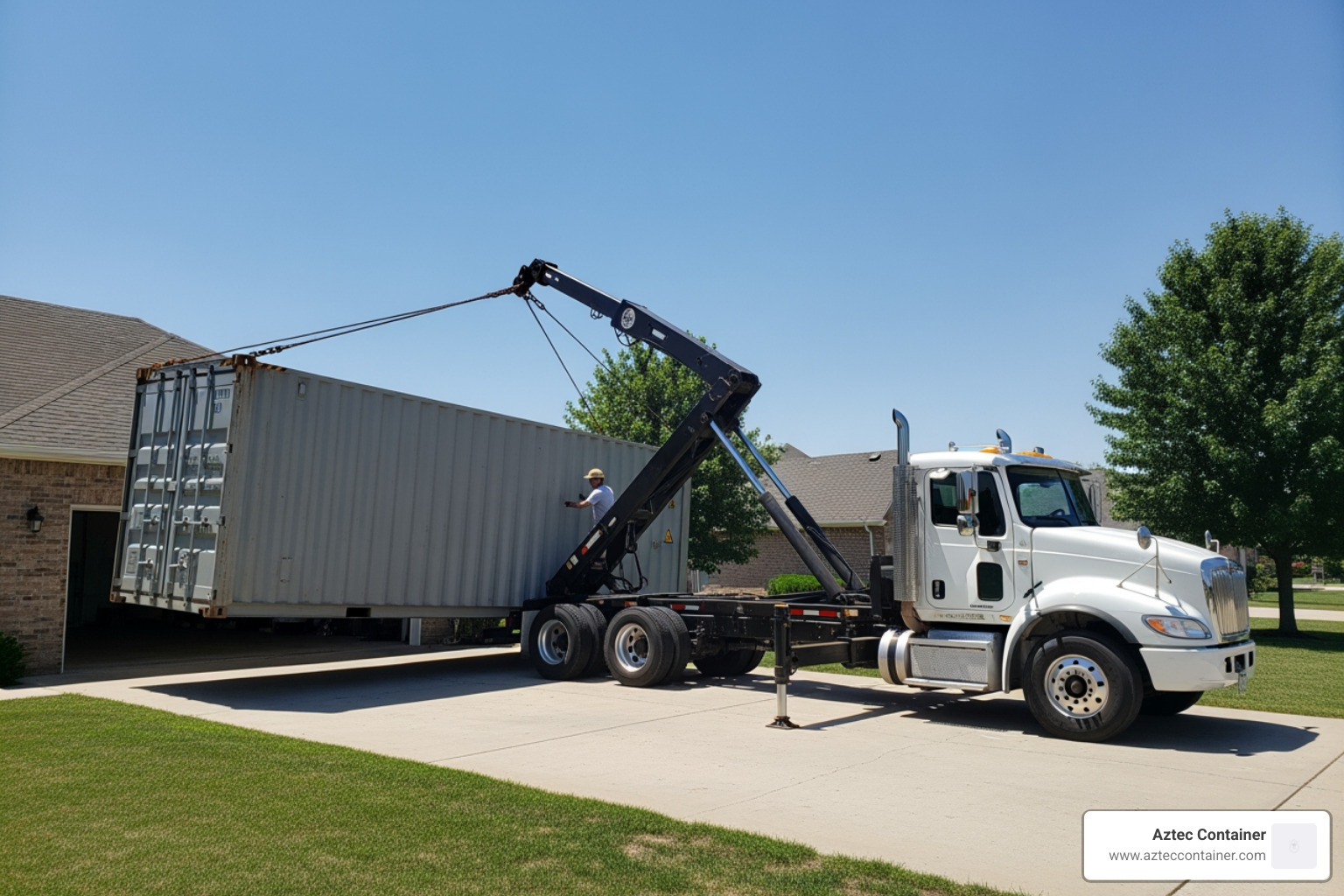 specialized truck placing a 20 foot container - portable self storage