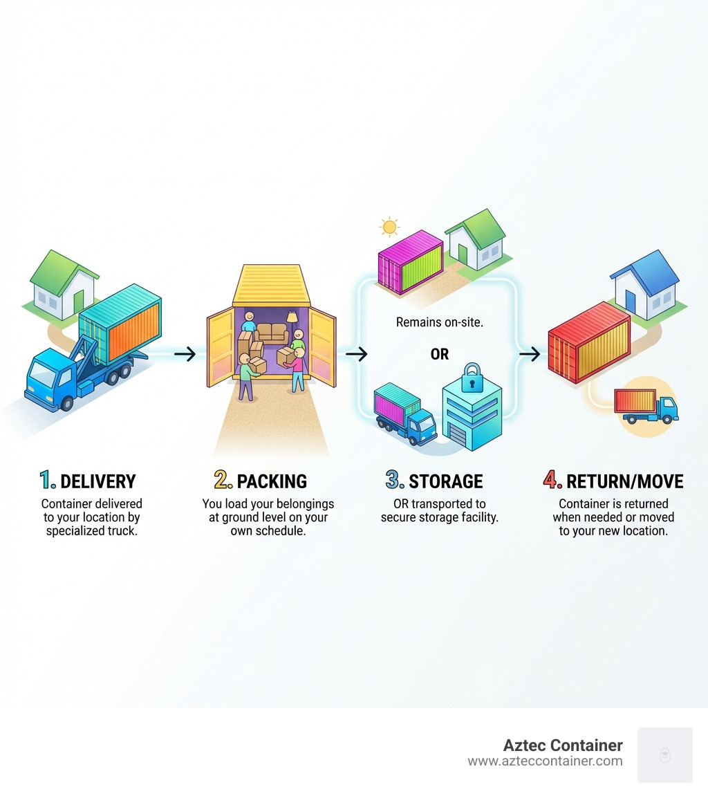 Infographic showing the portable self storage process: Step 1 - Container is delivered to your location by specialized truck; Step 2 - You load your belongings at ground level on your own schedule; Step 3 - Container remains on-site or is transported to secure storage facility; Step 4 - Container is returned when needed or moved to your new location - portable self storage infographic 