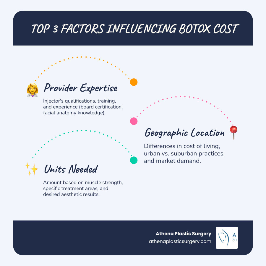 infographic showing three main factors that influence Botox cost: Provider Expertise and Qualifications (including board certification, training in facial anatomy, and years of experience), Geographic Location (urban vs suburban, cost of living, and local market demand), and Units Needed (based on muscle strength, treatment areas like forehead lines, crow's feet, and glabellar lines, and desired results). Each factor includes visual icons and brief explanations of how they impact the final price per unit and total treatment cost - botox cost per unit infographic infographic-line-3-steps-blues-accent_colors