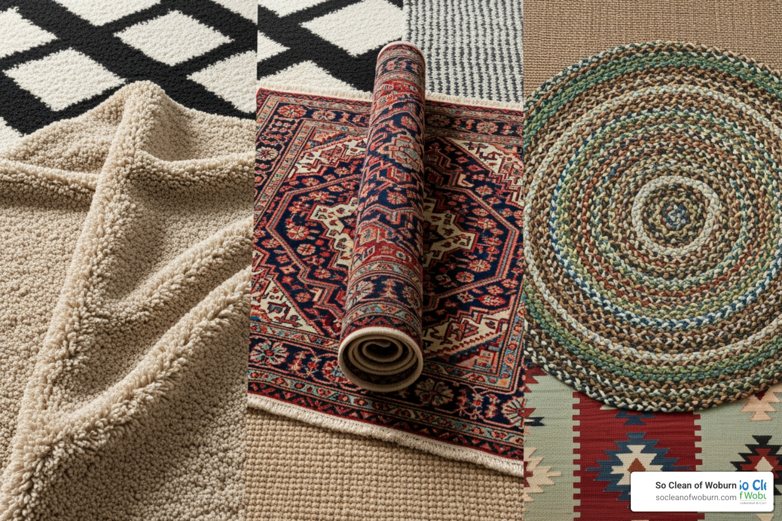collage of different rug types like Oriental, shag, and braided - area rug cleaning medford