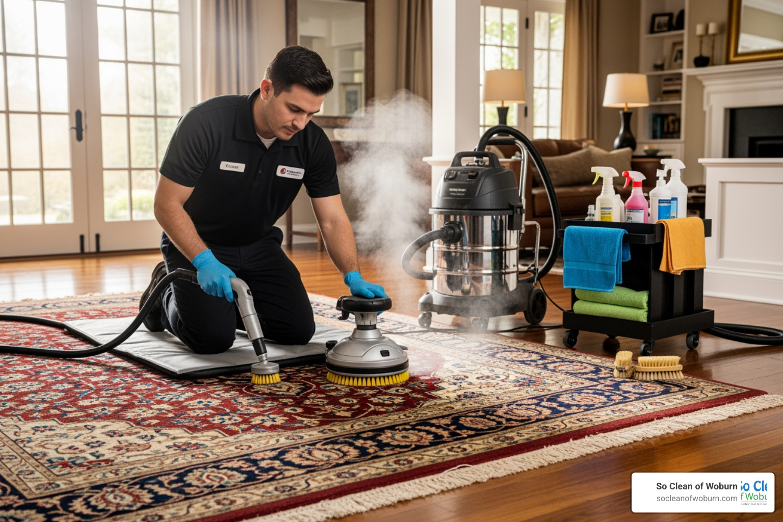 technician using specialized equipment on a delicate rug - area rug cleaning medford