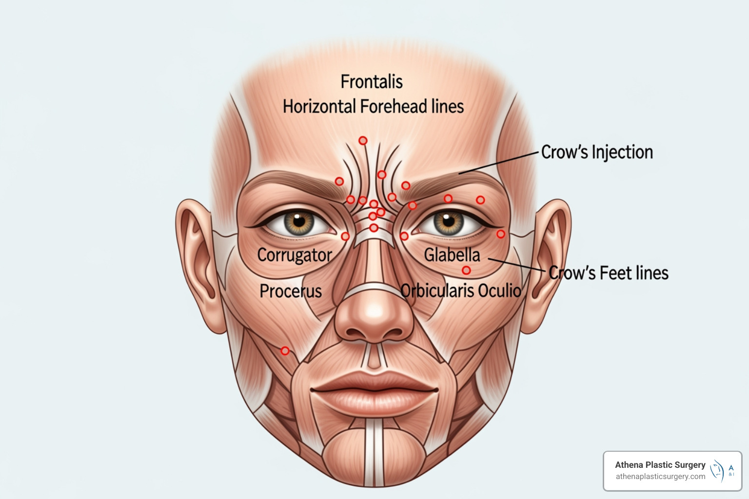 facial diagram showing common Botox injection sites like the forehead, glabella, and crow's feet - botox cost per unit