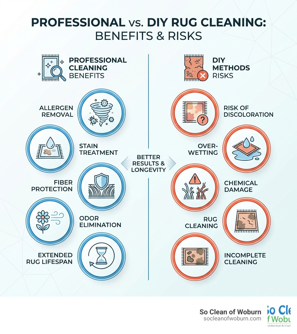 infographic showing the benefits of professional rug cleaning including allergen removal, stain treatment, fiber protection, odor elimination, and extended rug lifespan compared to DIY methods which risk discoloration, over-wetting, chemical damage, and incomplete cleaning - area rug cleaning medford infographic 