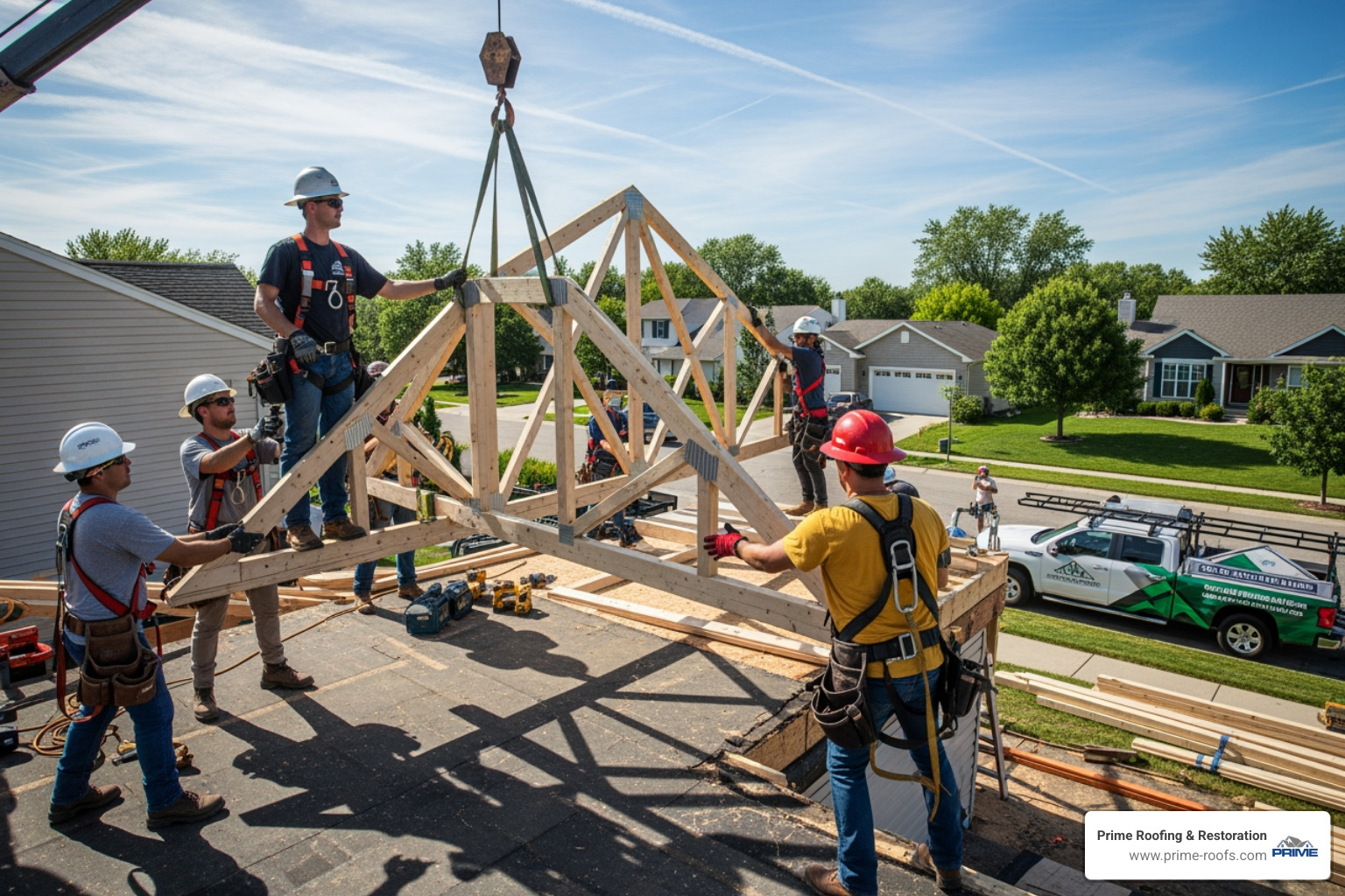 A professional roofing crew installing trusses on a residential home in Orange Beach, AL, as part of a flat to pitched roof conversion. - changing flat roof to pitched roof