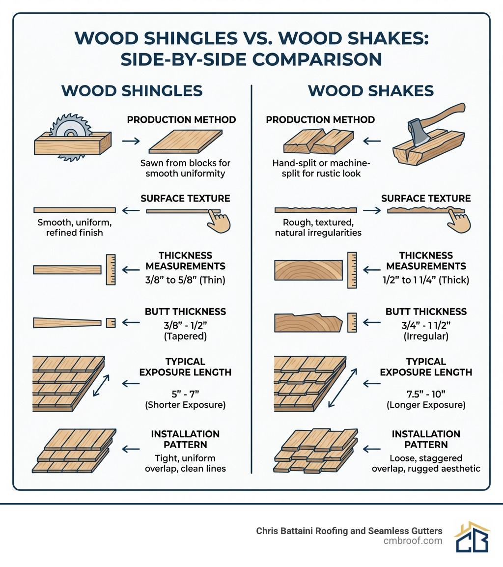 infographic showing side-by-side comparison of wood shingles versus wood shakes, including production method (sawn vs split), thickness measurements, surface texture (smooth vs rough), typical exposure length, butt thickness, and installation pattern differences - wood shingle infographic 