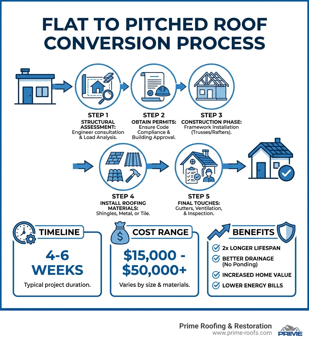Infographic showing the flat to pitched roof conversion process: Step 1 - Structural assessment with engineer consultation and load analysis; Step 2 - Obtain building permits and ensure code compliance; Step 3 - Construction phase including framework installation with trusses or rafters; Step 4 - Install roofing materials (shingles, metal, or tile); Step 5 - Final touches including gutters, ventilation, and inspection. Timeline: 4-6 weeks. Cost range: $15,000-$50,000+. Benefits: 2x longer lifespan, better drainage, increased home value, lower energy bills. - changing flat roof to pitched roof infographic 