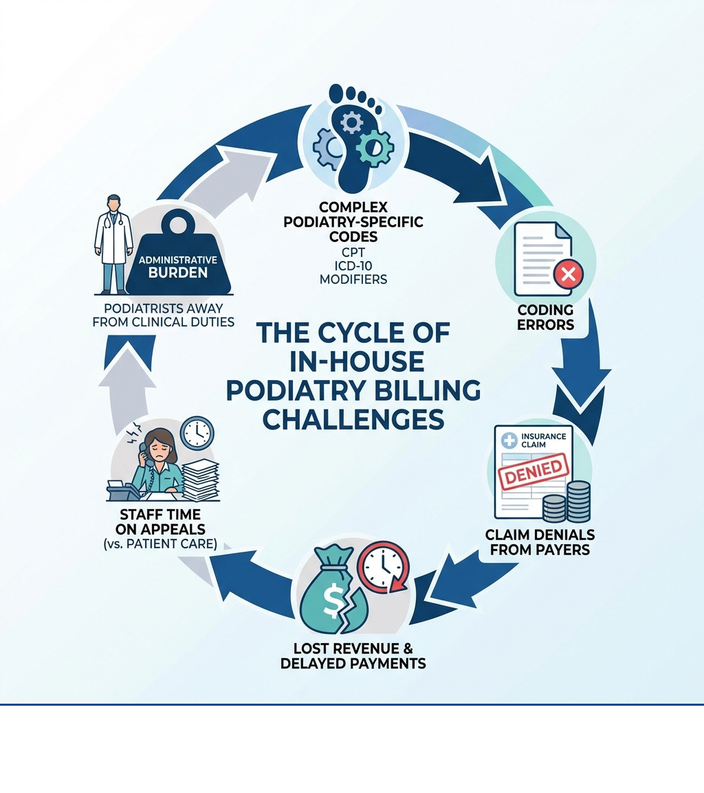 Infographic showing the cycle of in-house medical billing challenges: Complex medical codes (CPT, ICD-10, modifiers) lead to coding errors, which trigger claim denials from insurance payers, resulting in lost revenue and delayed payments, forcing staff to spend time on appeals instead of patient care, creating administrative burden that takes doctors away from clinical duties - outsourcing medical billing services infographic Infographic showing the cycle of in-house medical billing challenges: Complex medical codes (CPT, ICD-10, modifiers) lead to coding errors, which trigger claim denials from insurance payers, resulting in lost revenue and delayed payments, forcing staff to spend time on appeals instead of patient care, creating administrative burden that takes doctors away from clinical duties - outsourcing medical billing services infographic