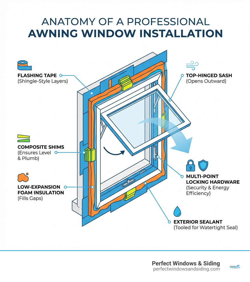 Infographic showing the anatomy of an awning window installation, including the top-hinged sash that opens outward, flashing tape applied in shingle-style layers around the rough opening, composite shims placed at fastener points to ensure the frame is level and plumb, low-expansion foam insulation filling gaps between the frame and opening, exterior sealant tooled around the perimeter for a watertight seal, and multi-point locking hardware for security and energy efficiency - Awning window installation infographic 