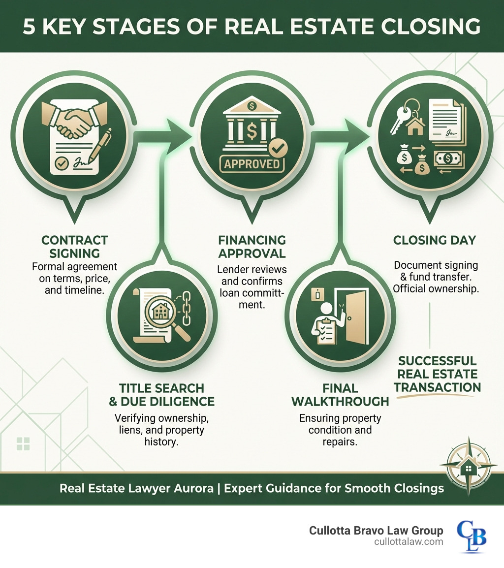 infographic showing the 5 key stages of real estate closing: contract signing, title search and due diligence, financing approval, final walkthrough, and closing day with document signing and fund transfer - real estate lawyer aurora infographic 