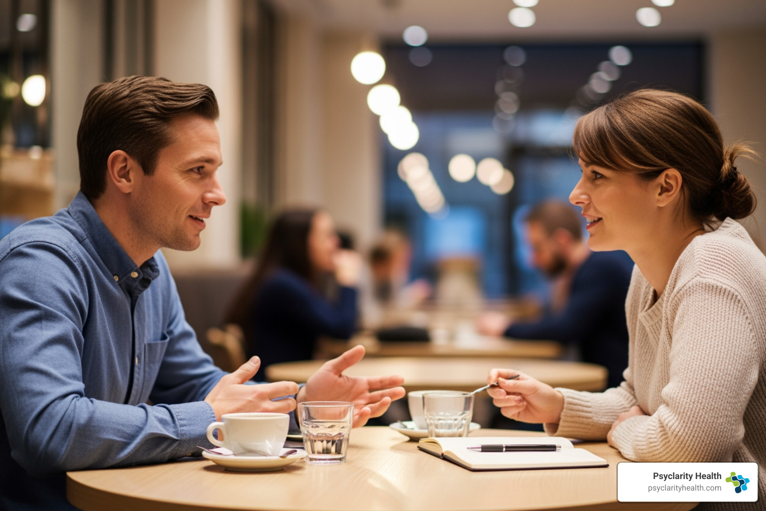 Two people sitting across from each other, engaged in a calm and respectful conversation, emphasizing clear communication. - Setting healthy boundaries Two people sitting across from each other, engaged in a calm and respectful conversation, emphasizing clear communication. - Setting healthy boundaries