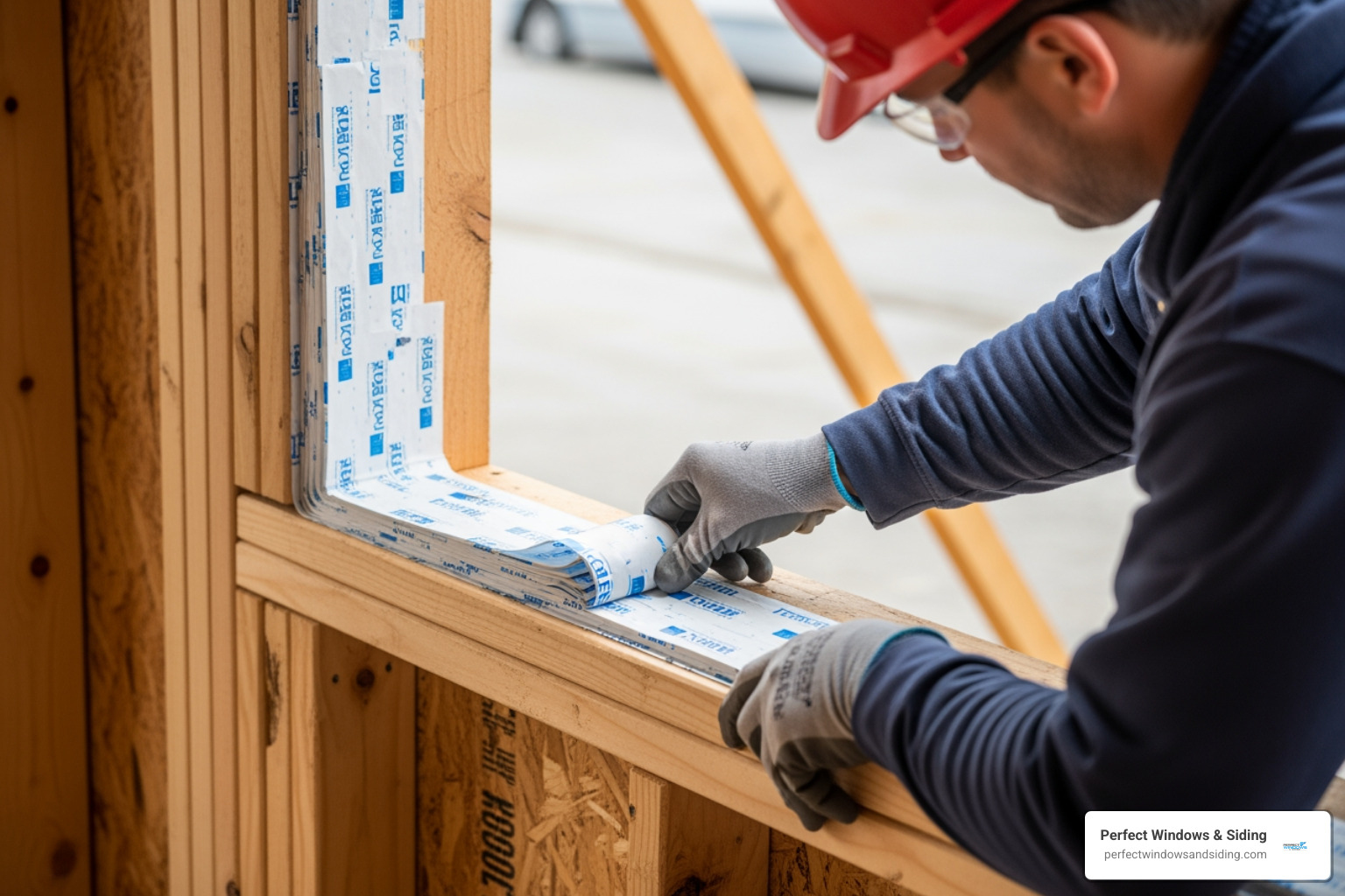 showing the correct shingle-style application of flashing tape on a window sill and jambs - Awning window installation