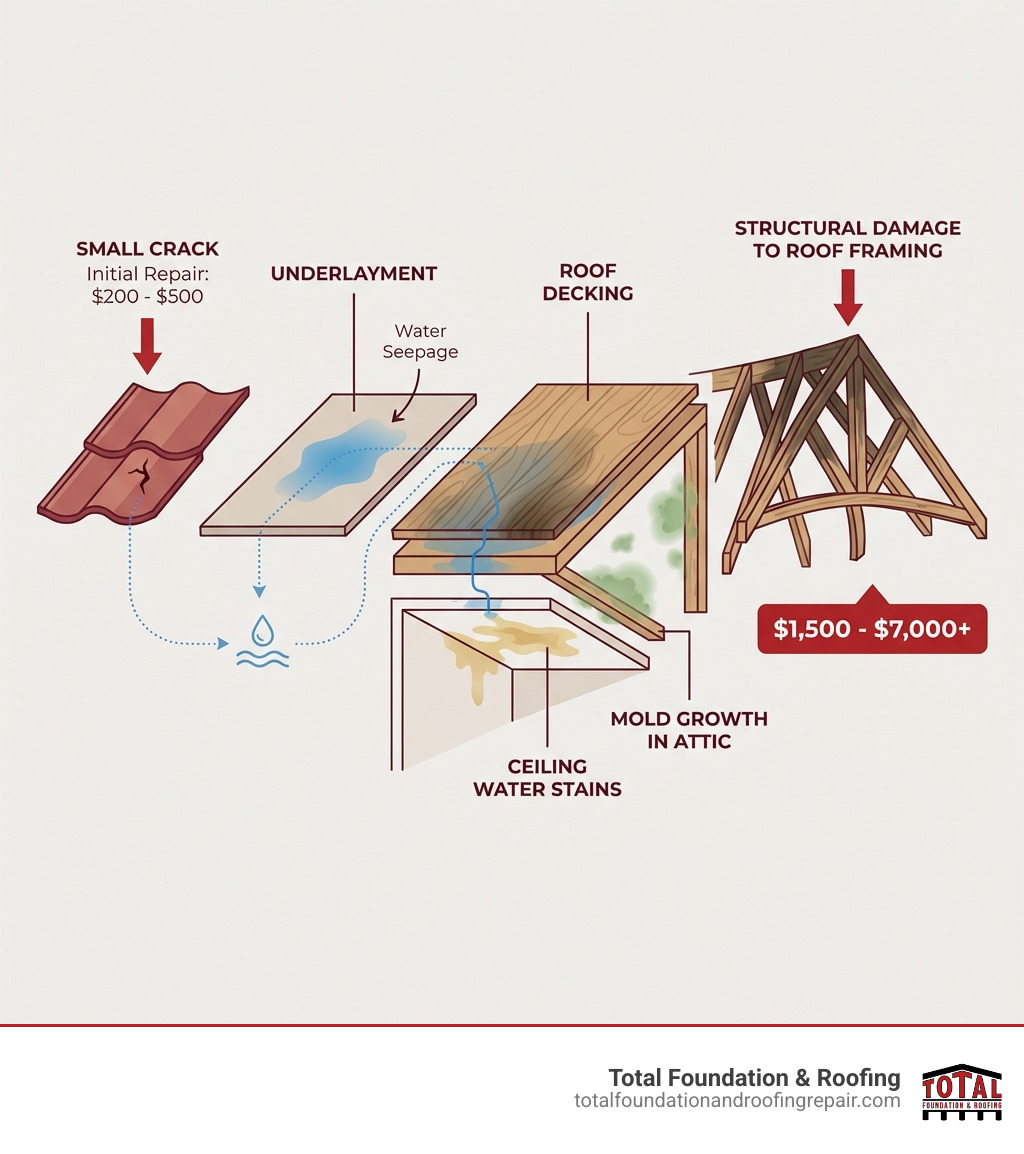 Infographic showing the progression of water damage from a cracked roof tile: starting with a small crack, water seeping through to underlayment, moisture reaching roof decking, water stains appearing on ceiling, mold growth in attic, and finally structural damage to roof framing—with cost ranges at each stage from $200 initial repair to $7,000+ structural fixes - cracked roof tile repair cost infographic Infographic showing the progression of water damage from a cracked roof tile: starting with a small crack, water seeping through to underlayment, moisture reaching roof decking, water stains appearing on ceiling, mold growth in attic, and finally structural damage to roof framing—with cost ranges at each stage from $200 initial repair to $7,000+ structural fixes - cracked roof tile repair cost infographic