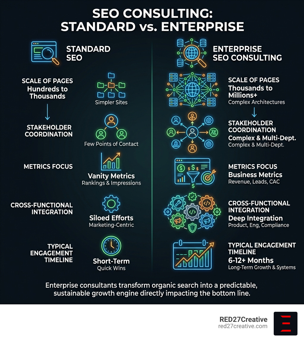 Infographic showing the core differences between standard SEO and enterprise SEO consulting, including scale of pages managed, complexity of stakeholder coordination, focus on business metrics vs vanity metrics, integration with cross-functional teams, and typical engagement timeline - enterprise SEO consultant infographic Infographic showing the core differences between standard SEO and enterprise SEO consulting, including scale of pages managed, complexity of stakeholder coordination, focus on business metrics vs vanity metrics, integration with cross-functional teams, and typical engagement timeline - enterprise SEO consultant infographic