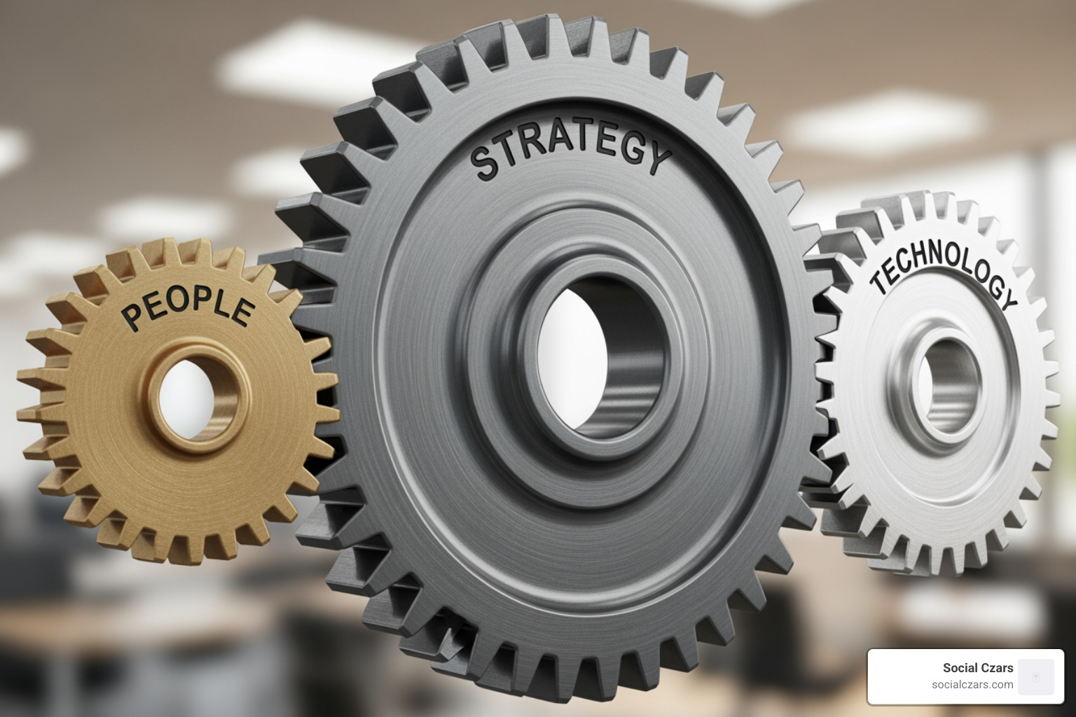 Interconnected gears labeled 'Strategy', 'People', and 'Technology', symbolizing how these elements work together to drive business growth - Business growth catalyst