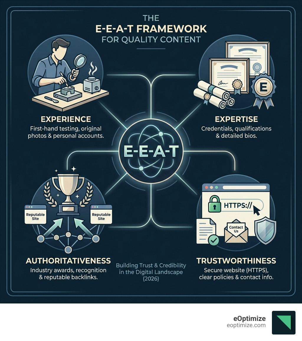 infographic explaining the four components of E-E-A-T with icons for Experience showing a person testing a product, Expertise showing credentials and certificates, Authoritativeness showing industry awards and backlinks, and Trustworthiness showing a secure website with HTTPS and clear policies - EEAT best practices infographic 